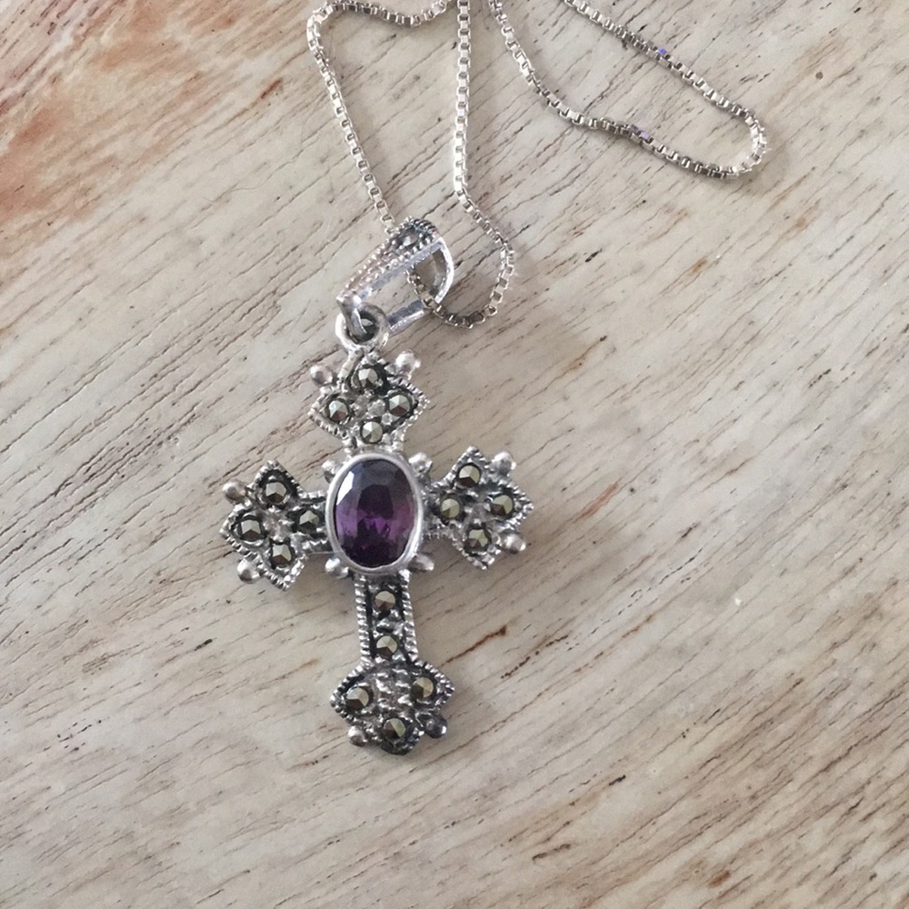 Sterling and amethyst cross pendant on box chain
